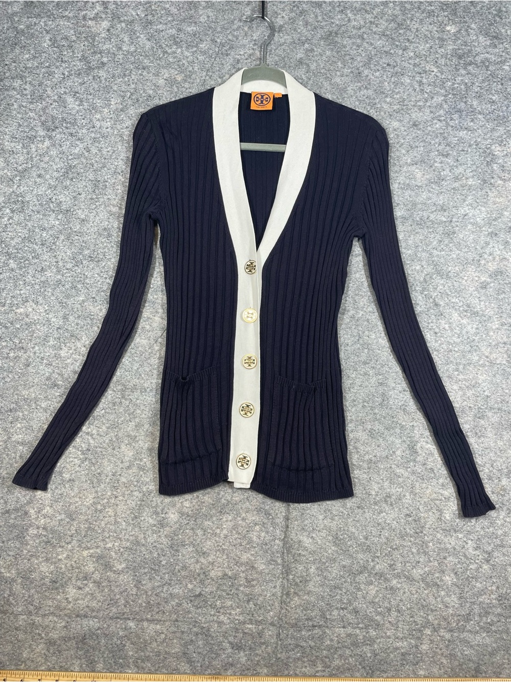 Tory Burch Cotton Ribbed Navy Cardigan Cream Trim Logo Buttons Small Preppy